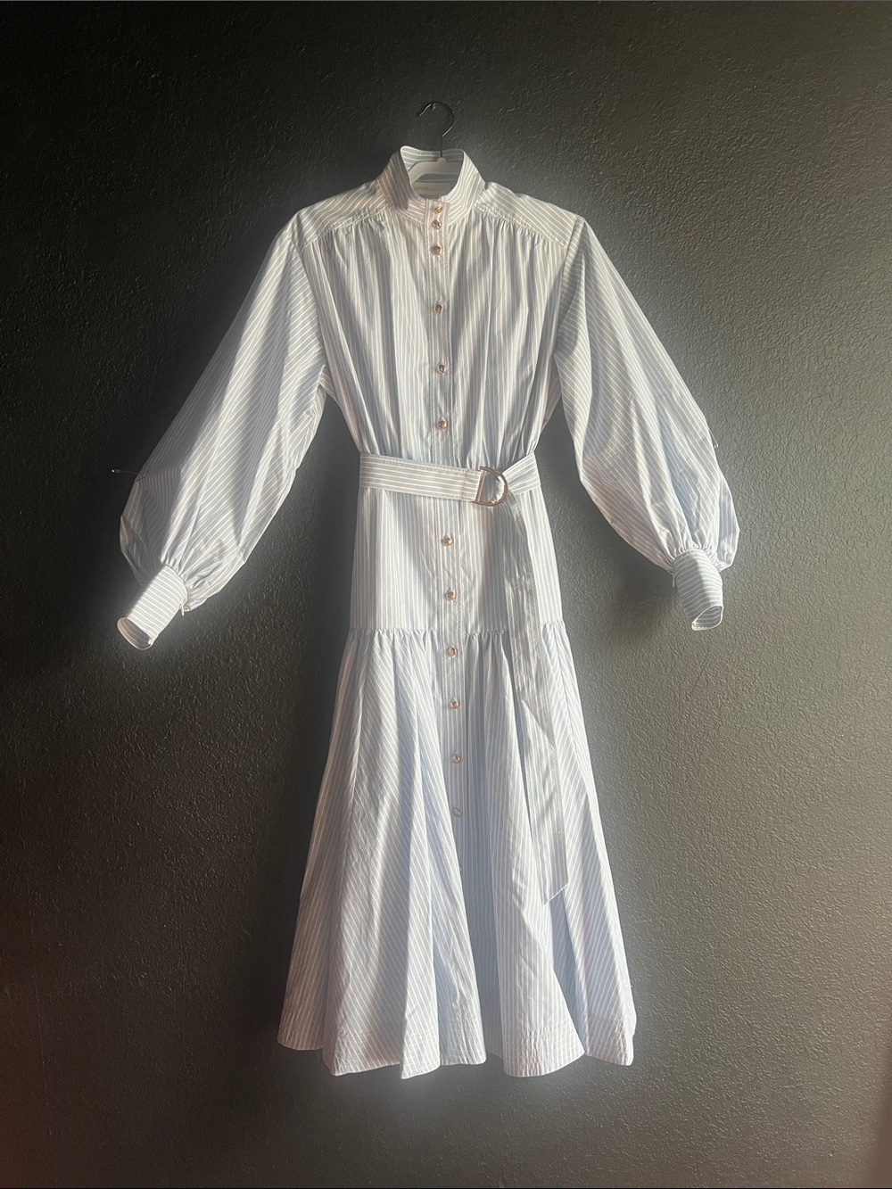 Zimmermann Light Blue and White Striped Balloon Long-Sleeve Midi Dress US6/AU1